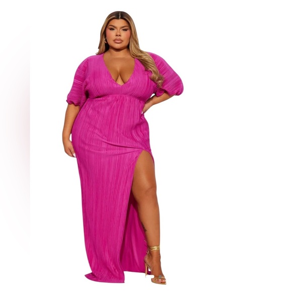 Fashion Nova 3X Paloma Pleated Maxi Dress Fuchsia Deep V Slit Goddesscore - Picture 1 of 7